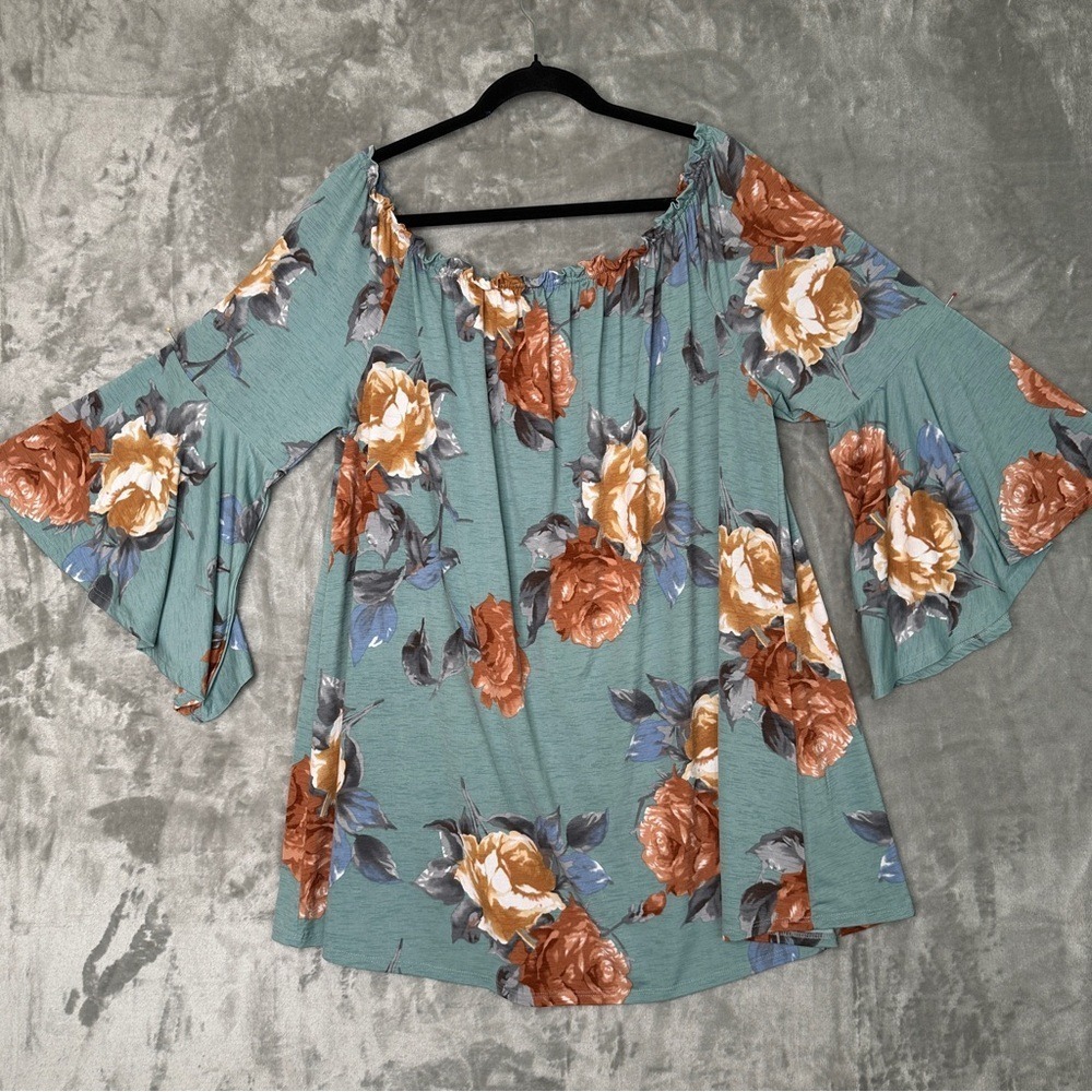 Emerald‎ Floral Bell Sleeve Off Shoulder Top Women 3X Blue Boho Cottagecore